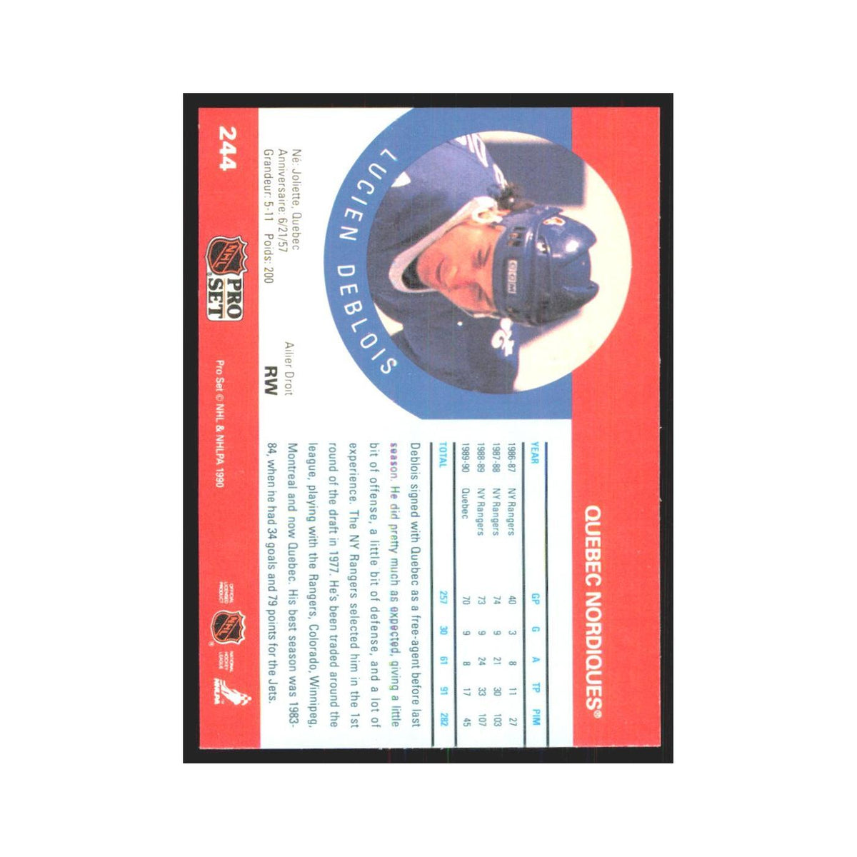 1990 Pro Set Lucien DeBlois Quebec Nordiques #244