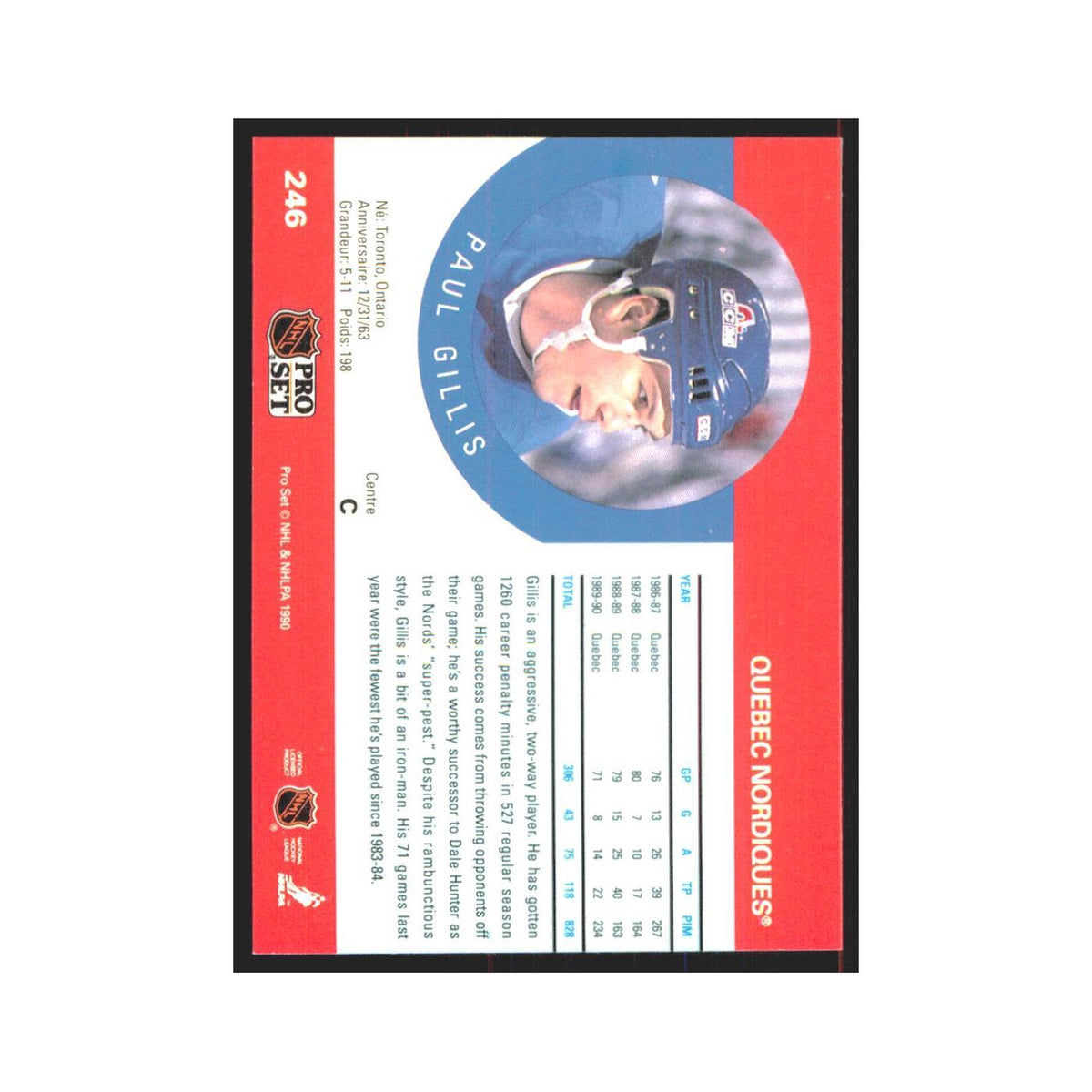 1990 Pro Set Paul Gillis Quebec Nordiques #246