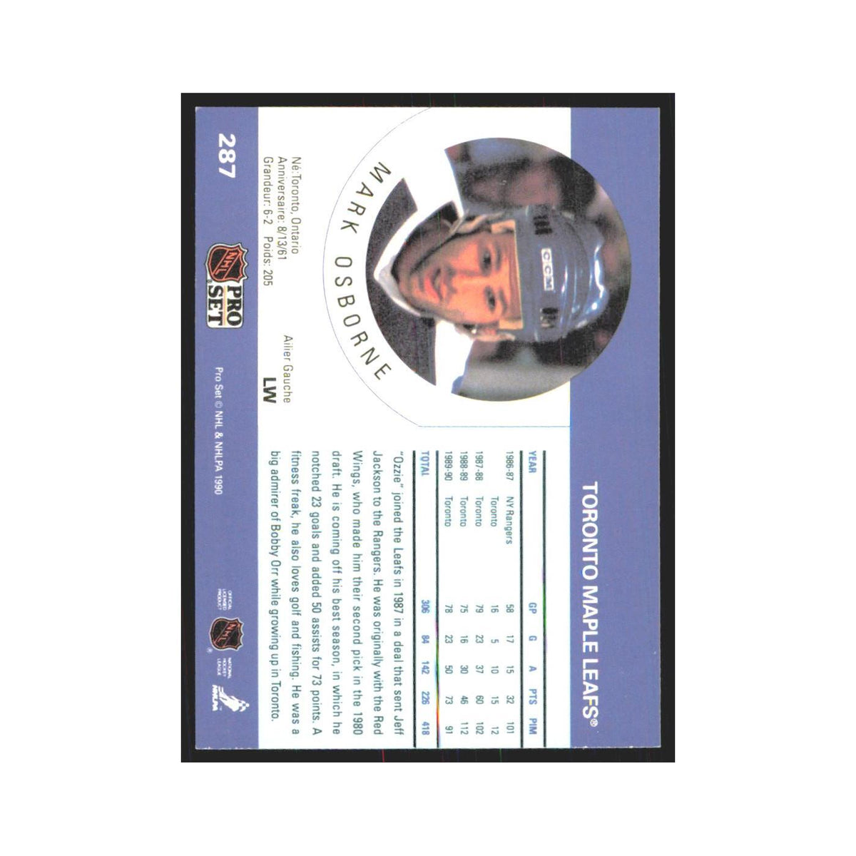 1990 Pro Set Mark Osborne Toronto Maple Leafs #287