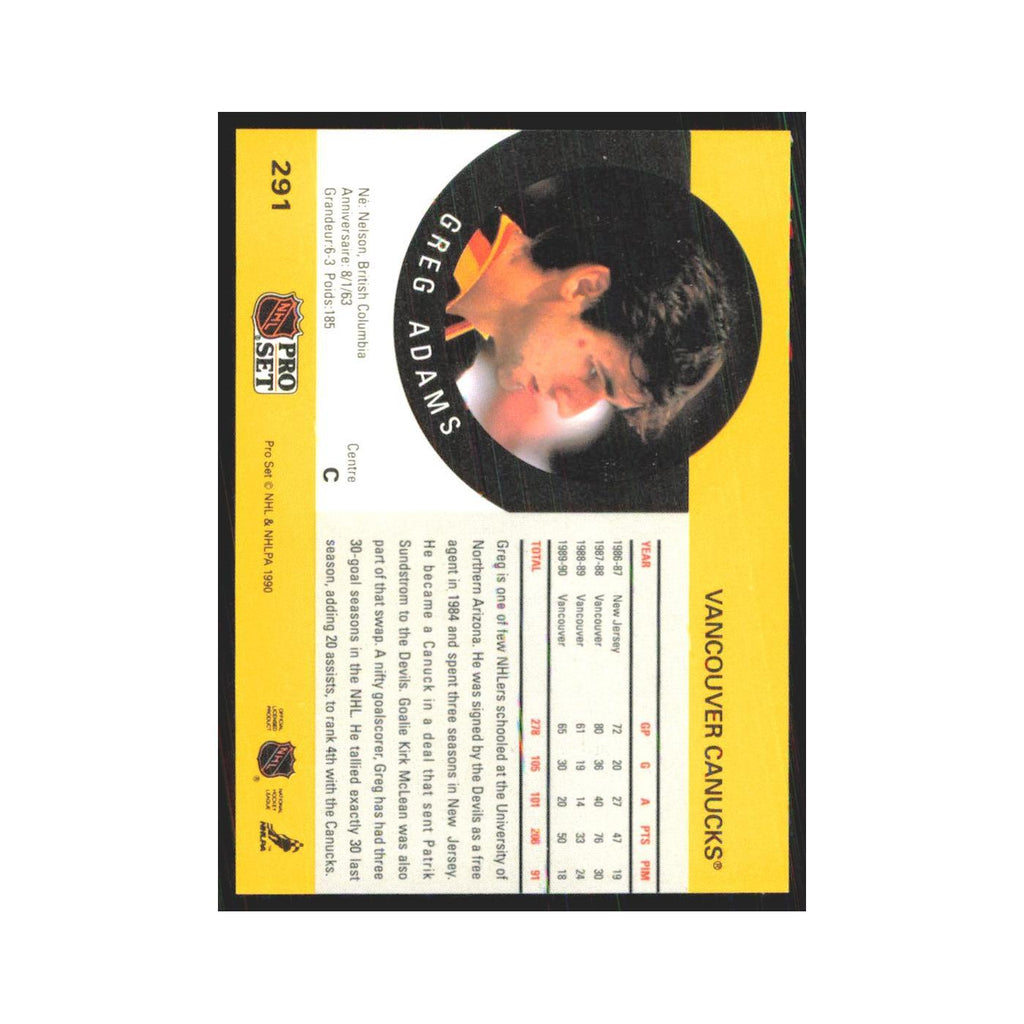 1990 Pro Set Greg Adams Vancouver Canucks #291