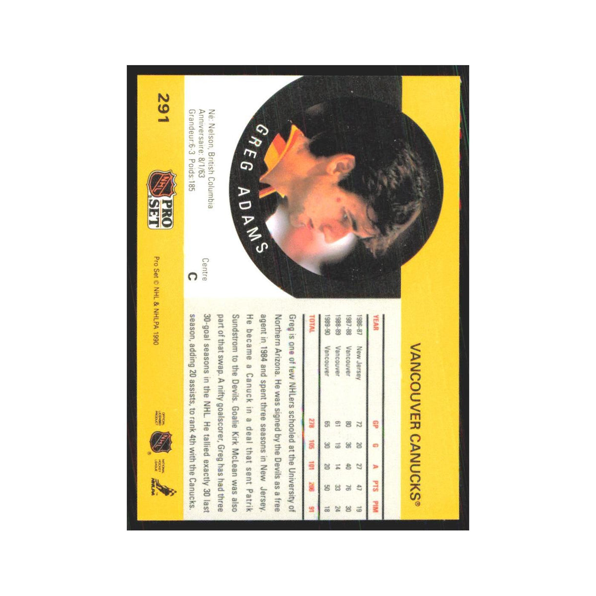 1990 Pro Set Greg Adams Vancouver Canucks #291