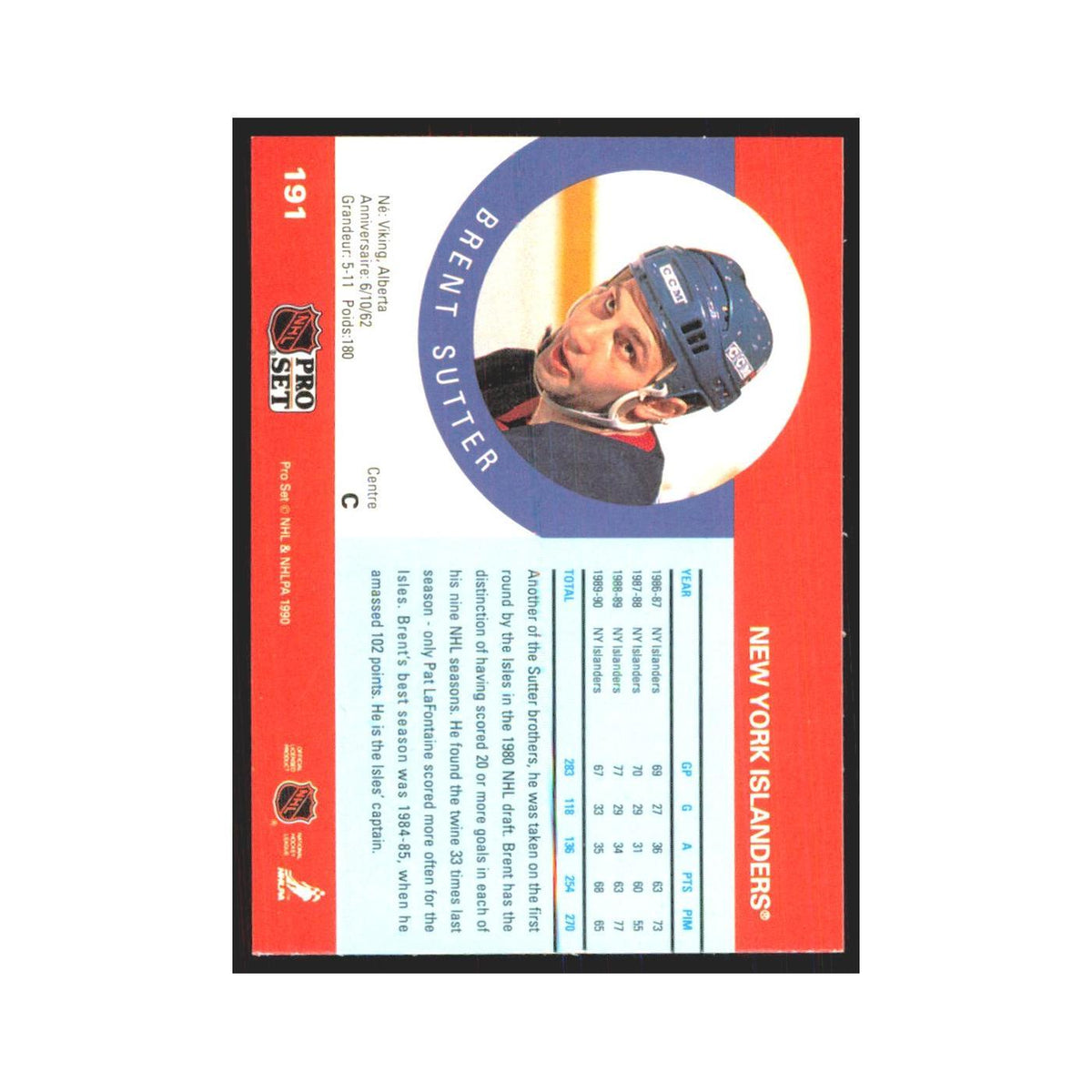 1990 Pro Set Brent Sutter New York Islanders #191