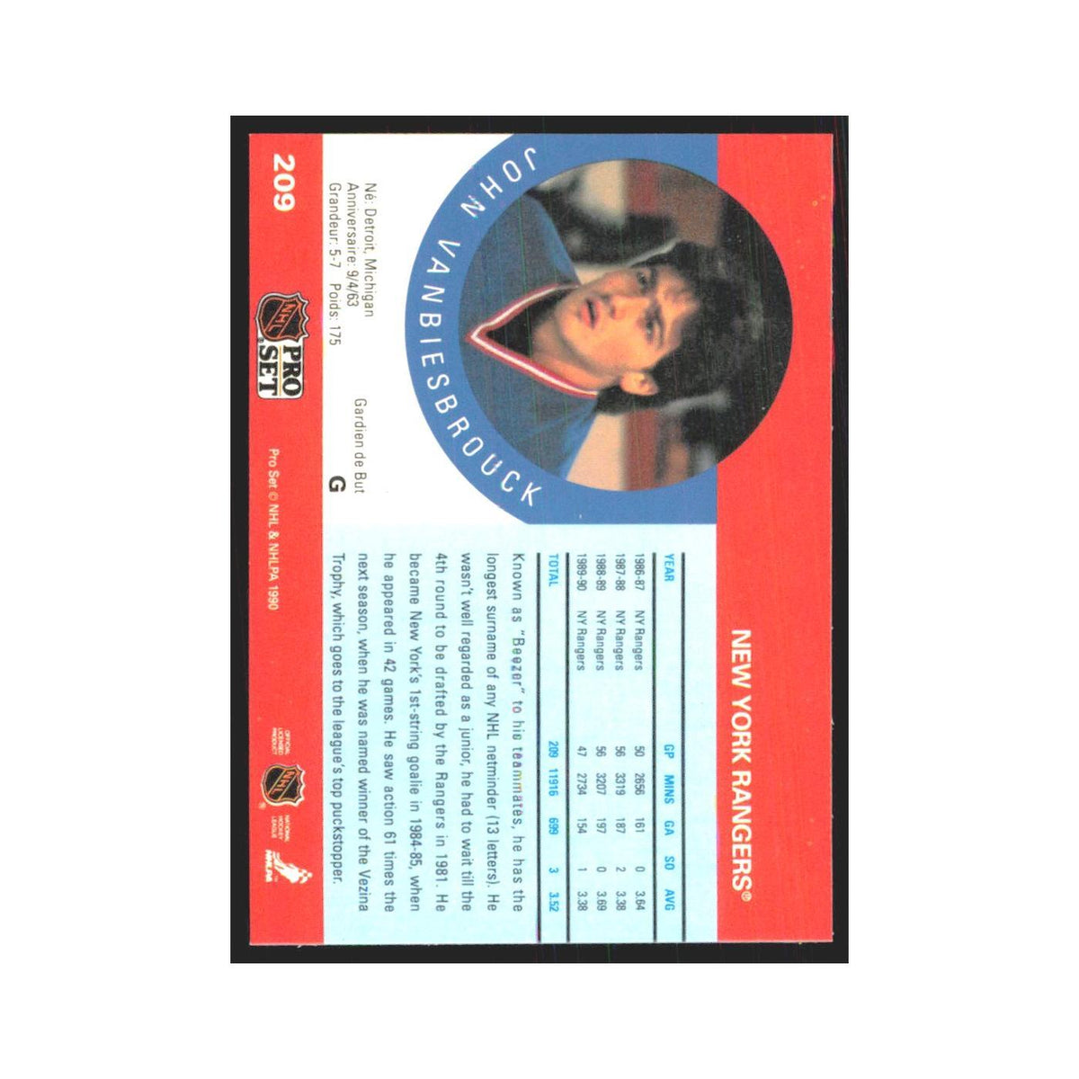 1990 Pro Set John Vanbiesbrouck New York Rangers #209