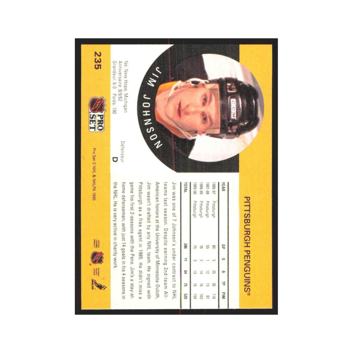 1990 Pro Set Jim Johnson Pittsburgh Penguins #235