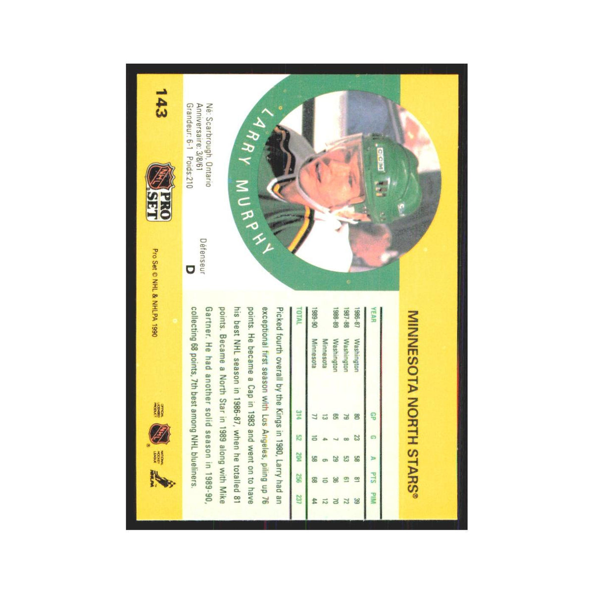 1990 Pro Set Larry Murphy Minnesota North Stars #143