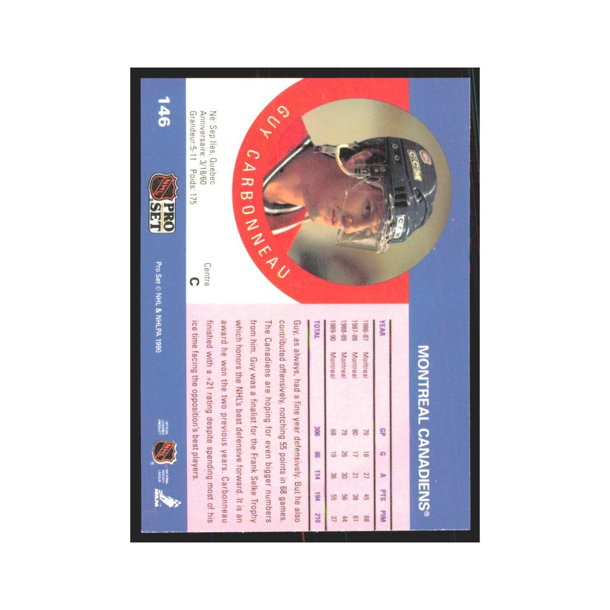 1990 Pro Set Guy Carbonneau Montreal Canadiens #146