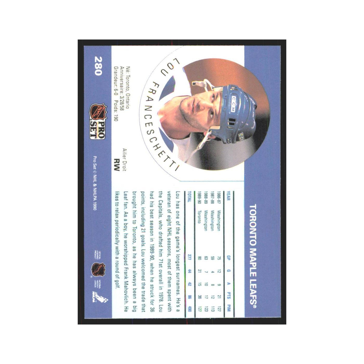 1990 Pro Set Lou Franceschetti Toronto Maple Leafs #280