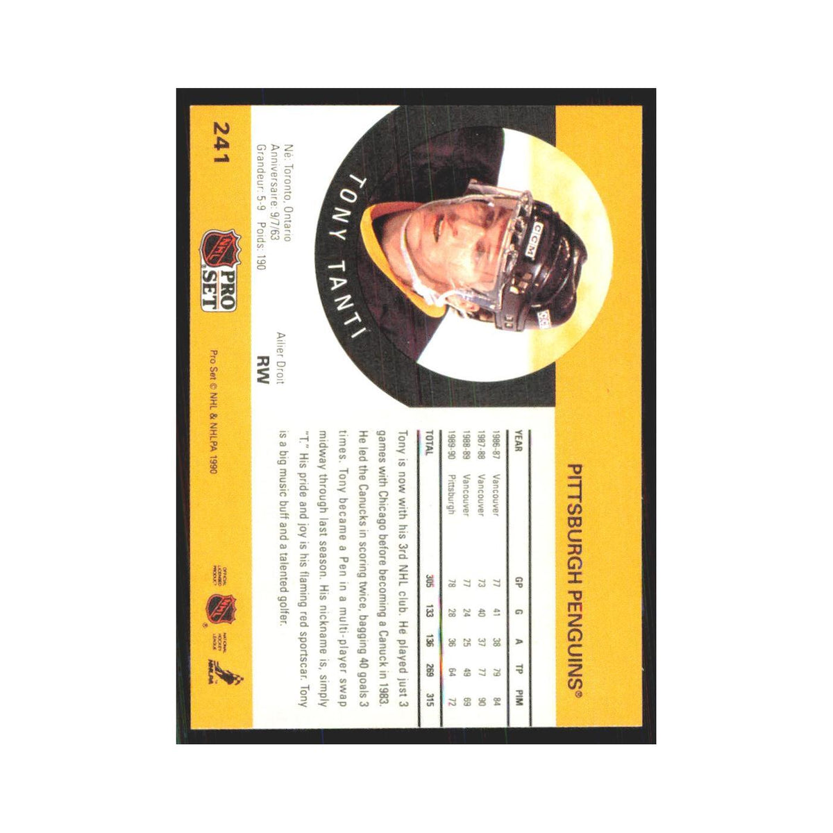 1990 Pro Set Tony Tanti Pittsburgh Penguins #241