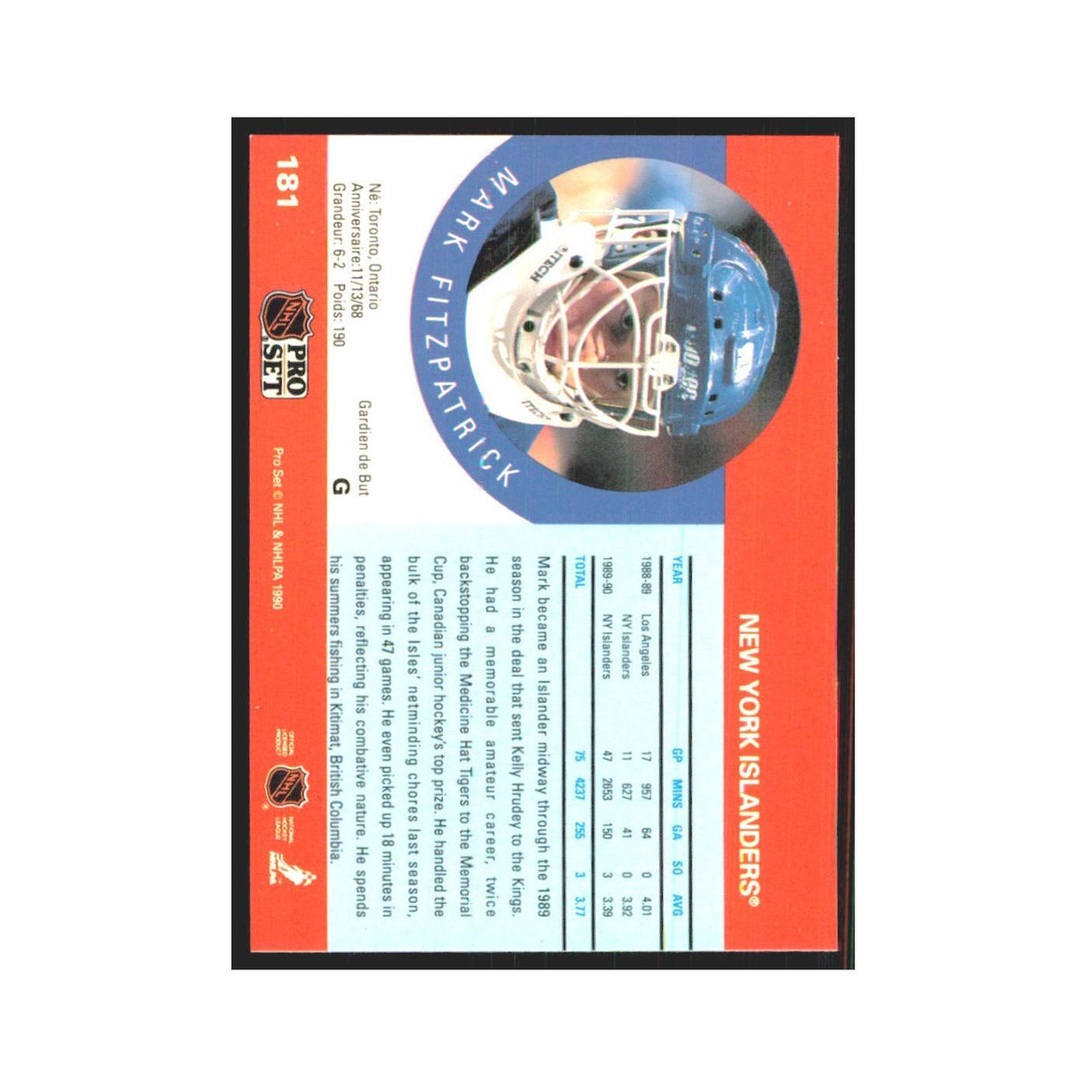 1990 Pro Set Mark Fitzpatrick New York Islanders #181