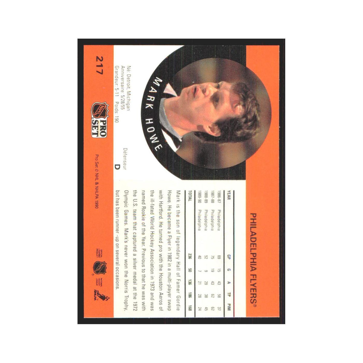 1990 Pro Set Mark Howe Philadelphia Flyers #217