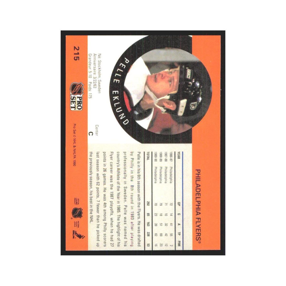 1990 Pro Set Pelle Eklund Philadelphia Flyers #215