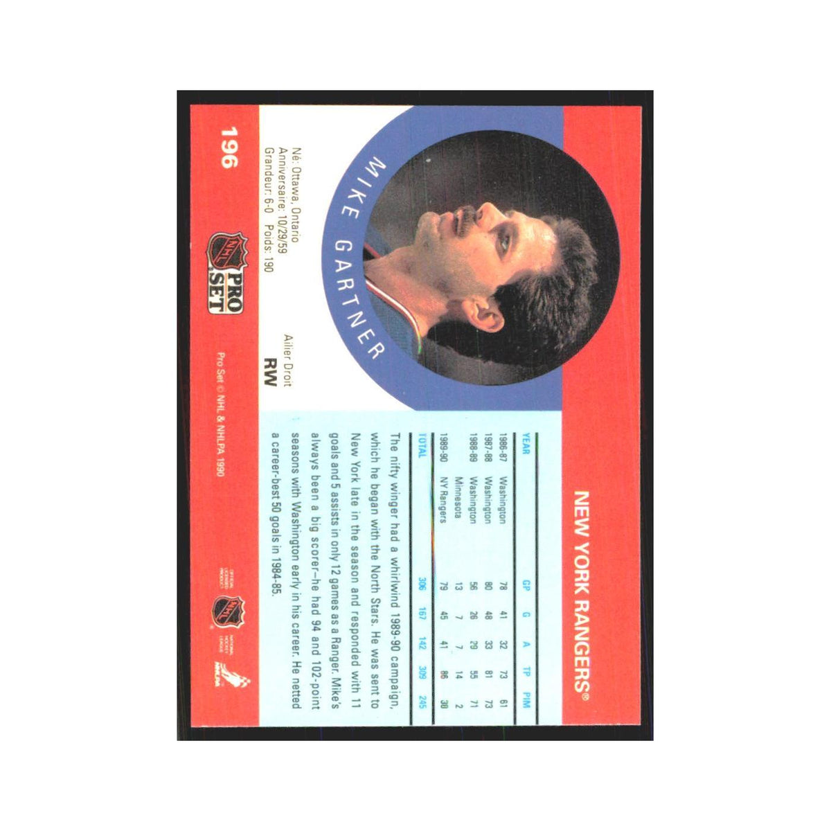1990 Pro Set Mike Gartner New York Rangers #196