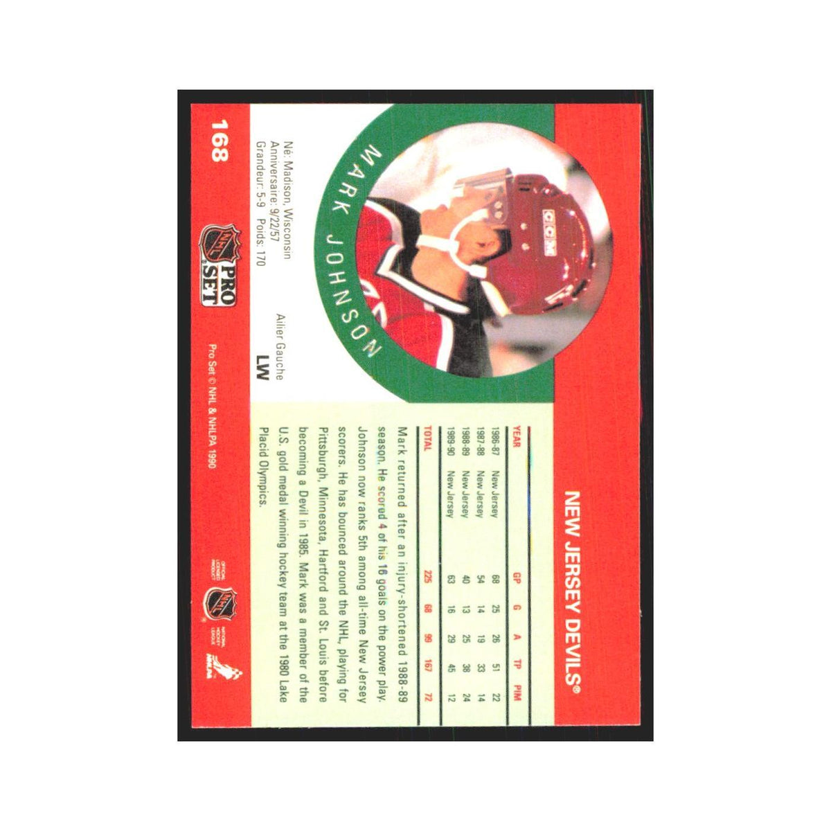 1990 Pro Set Mark Johnson New Jersey Devils #168