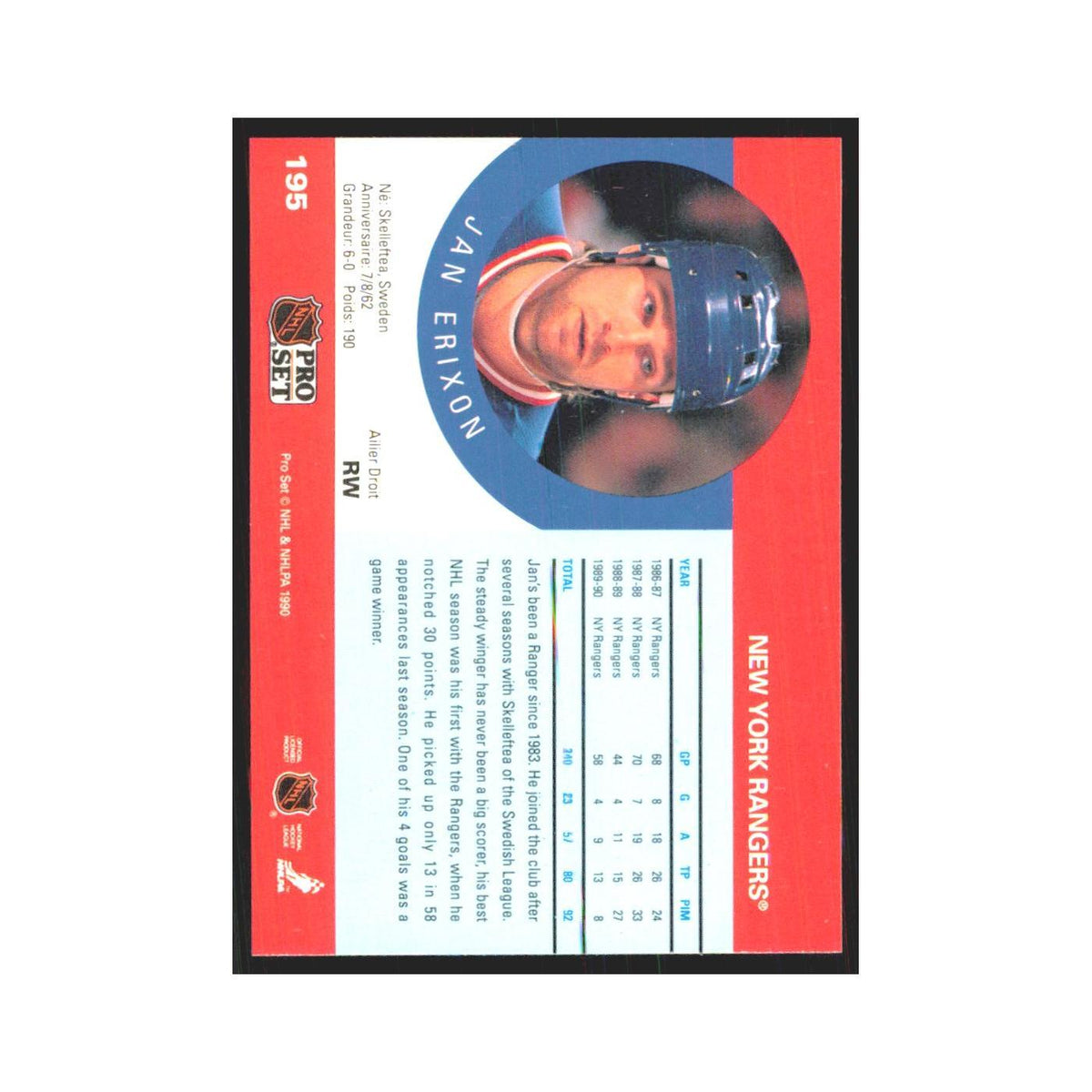 1990 Pro Set Jan Erixon New York Rangers #195