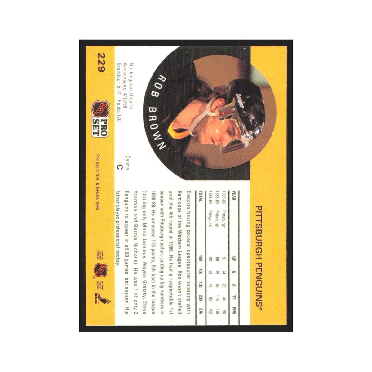 1990 Pro Set Rob Brown Pittsburgh Penguins #229