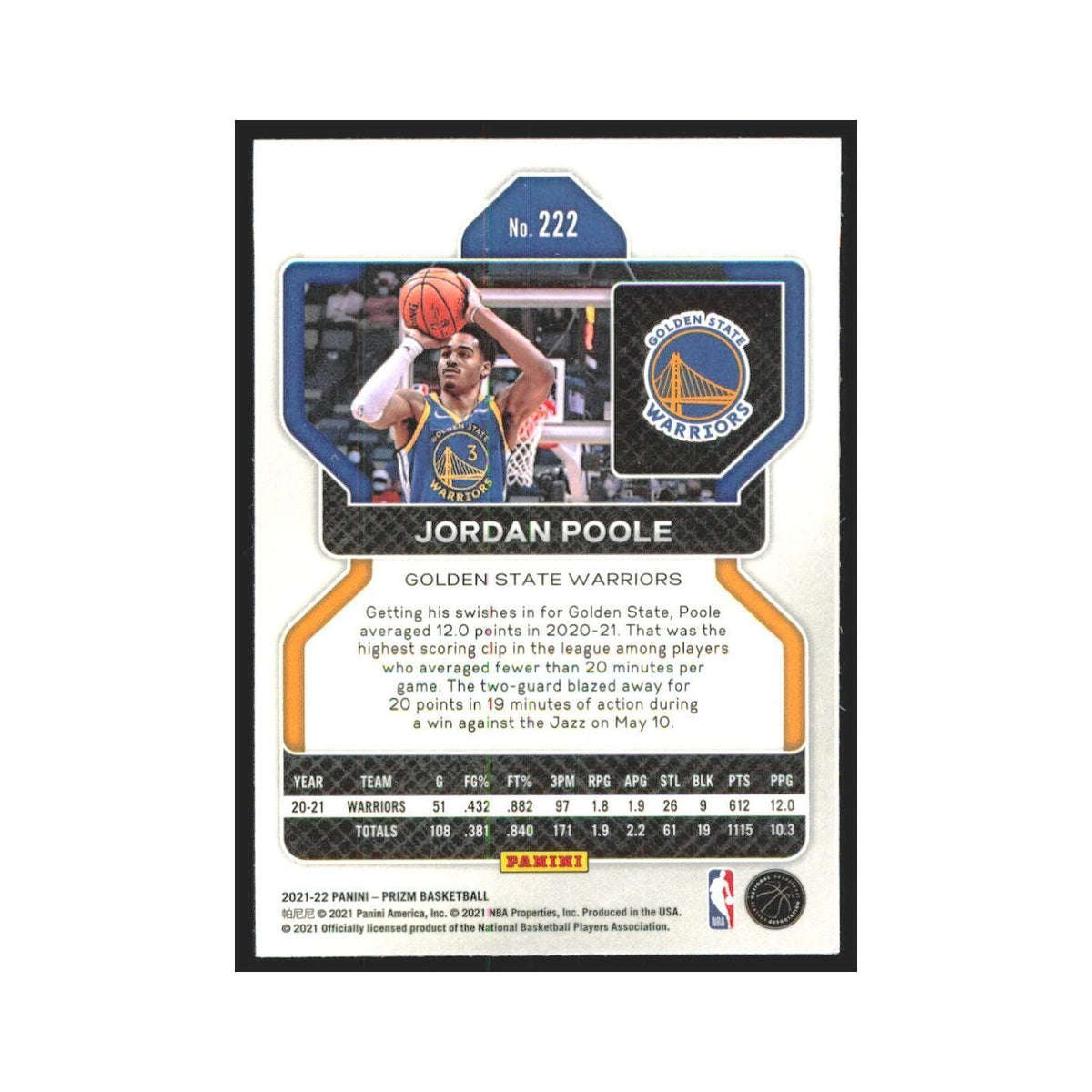 2021 Panini Prizm Jordan Poole Golden State Warriors #222