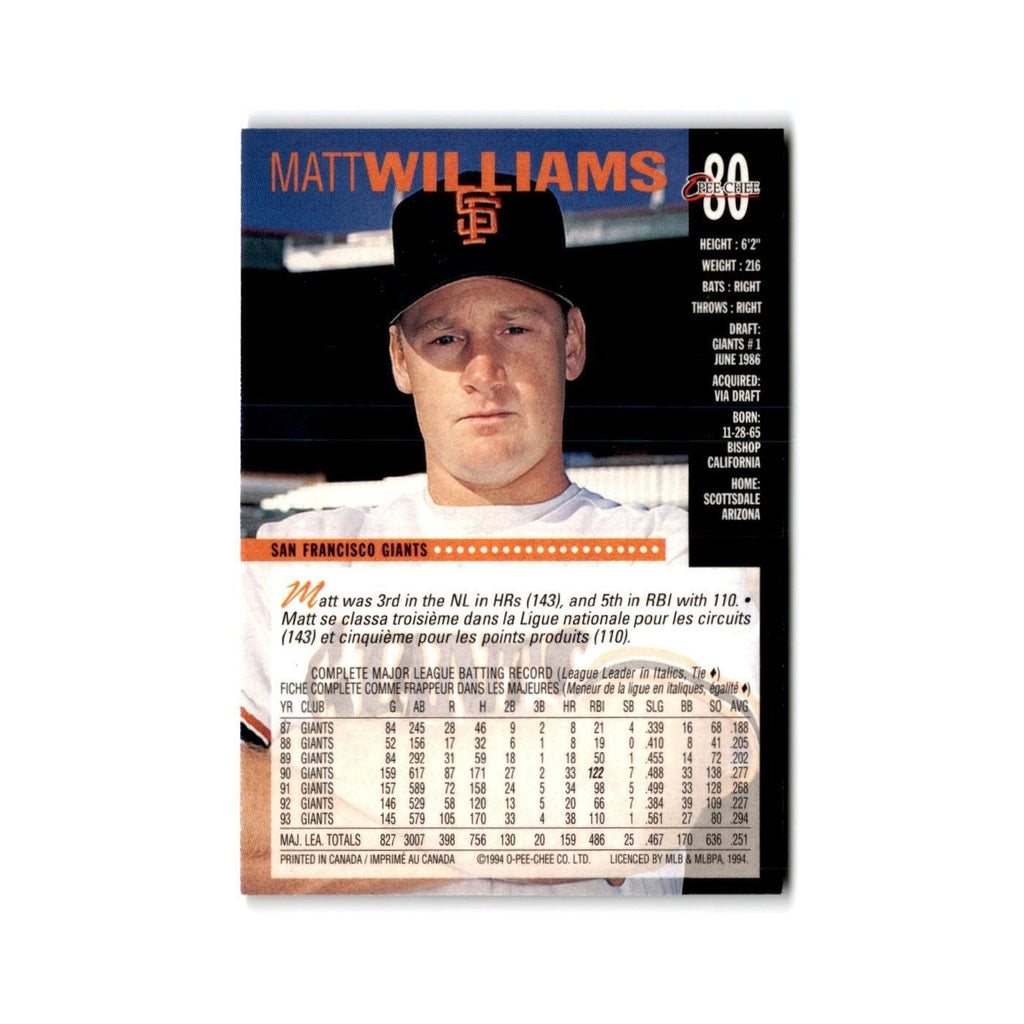 Matt Williamms 1994 O-Pee-Chee #80 San Francisco Giants Baseball Card NM