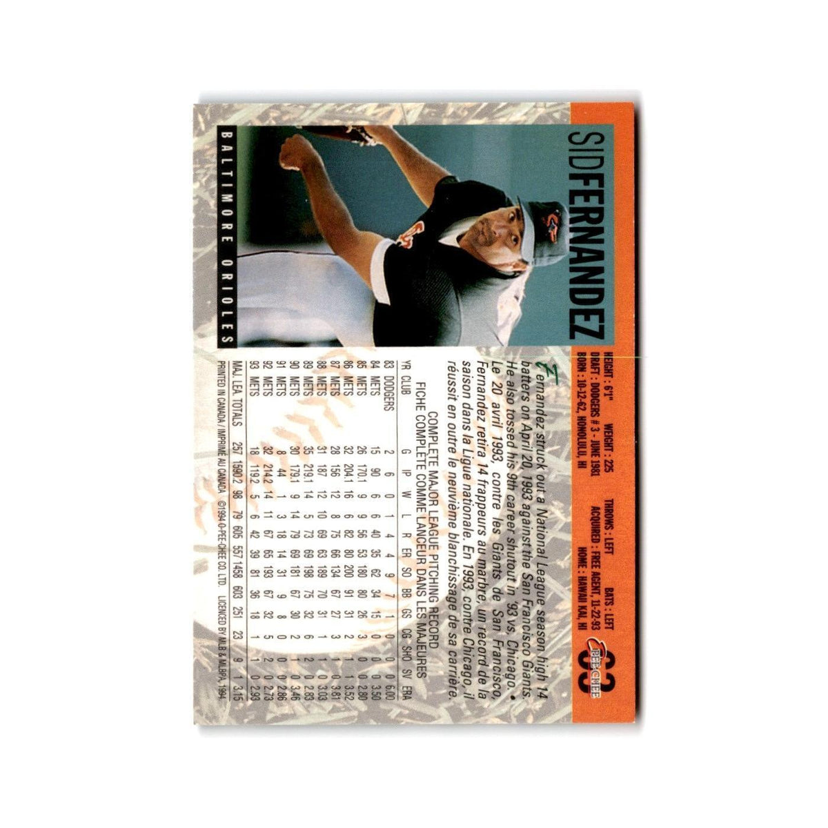 Sid Fernandez 1994 O-Pee-Chee #63 Baltimore Orioles Baseball Card NM