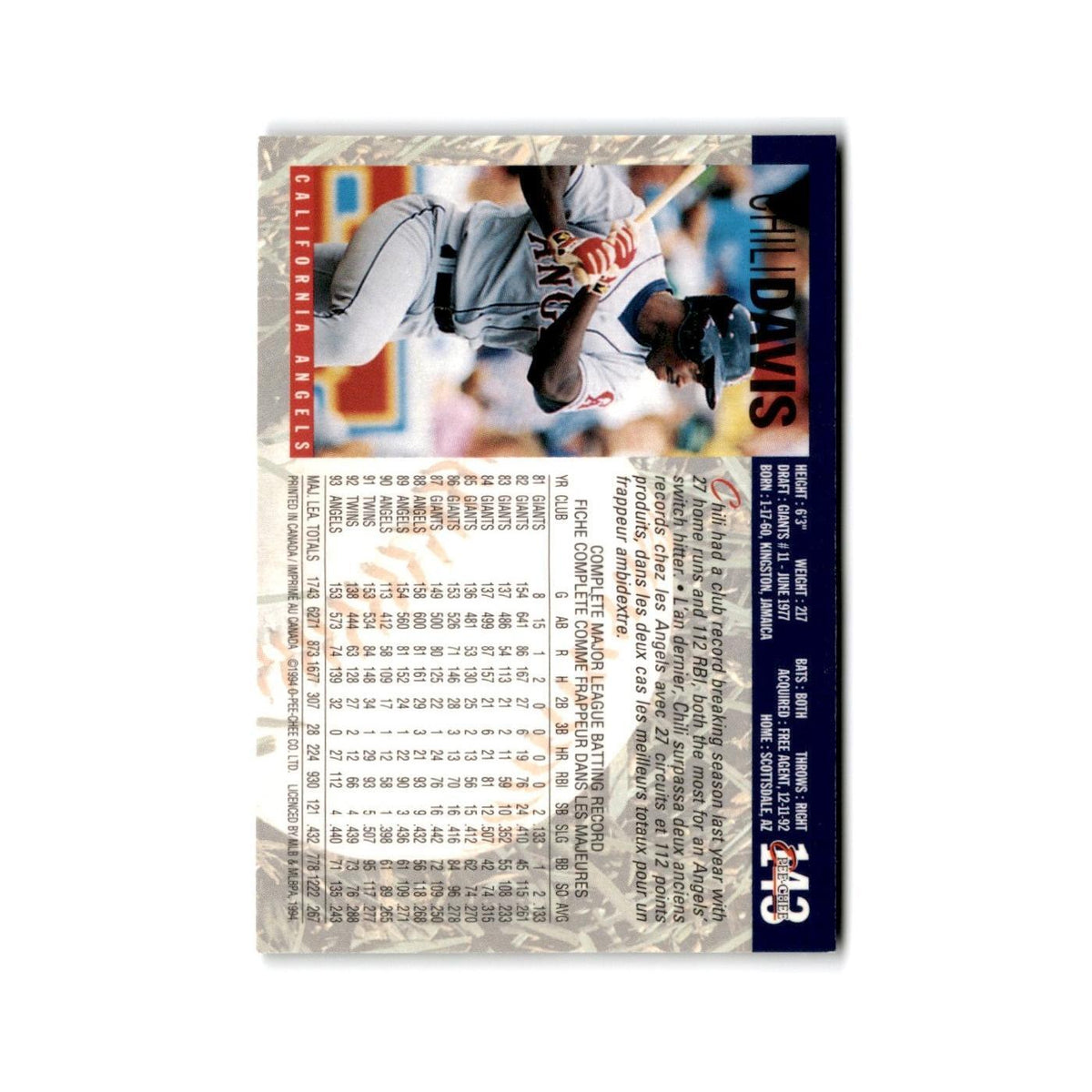 Chili Davis 1994 O-Pee-Chee #143 California Angels Baseball Card NM