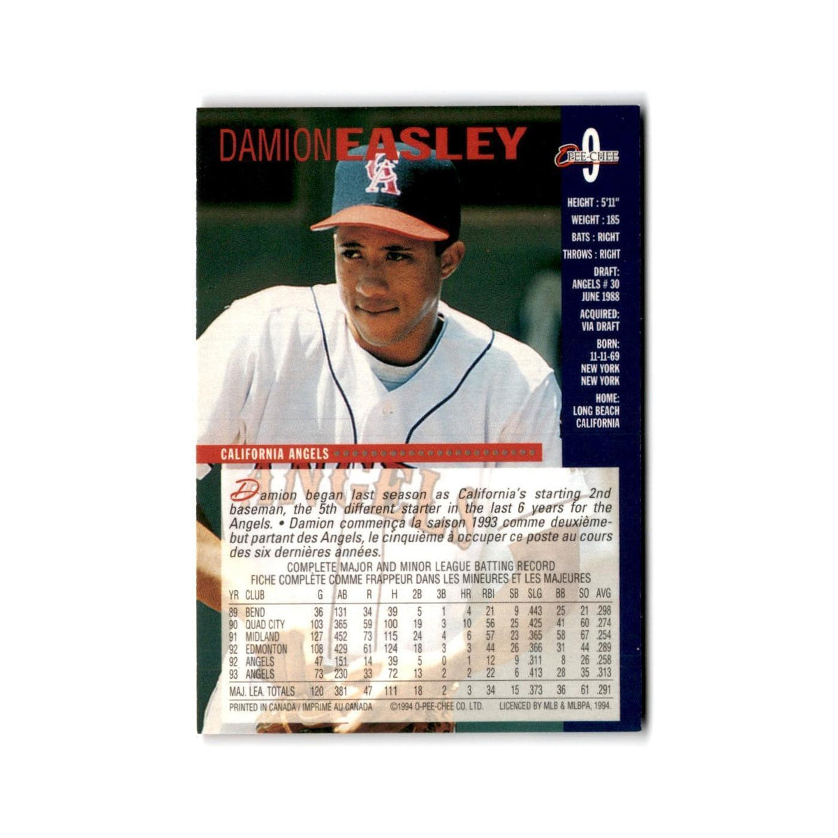 Damion Easley 1994 O-Pee-Chee #9 California Angels Baseball Card NM