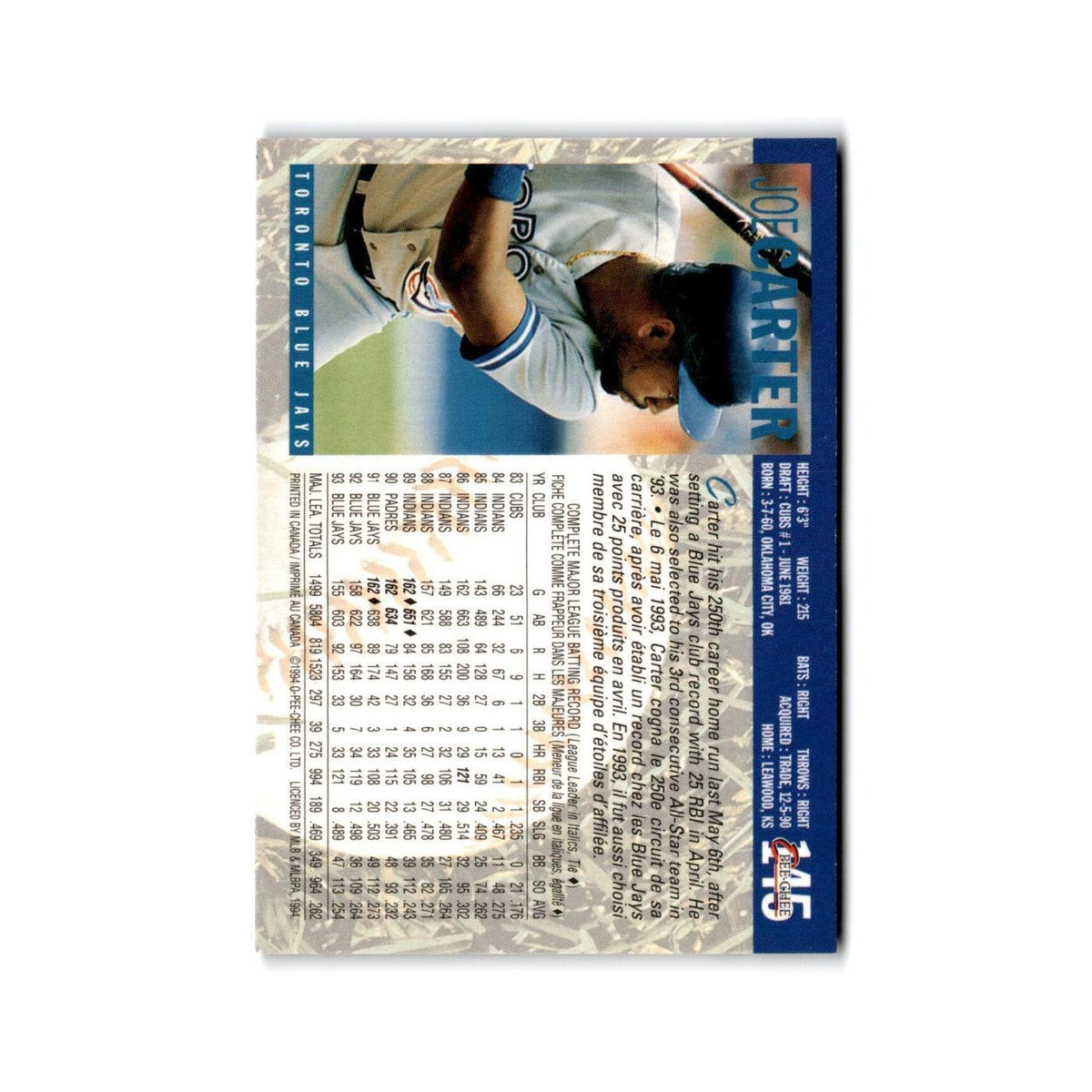 Joe Carter 1994 O-Pee-Chee #145 Toronto Blue Jays Baseball Card NM