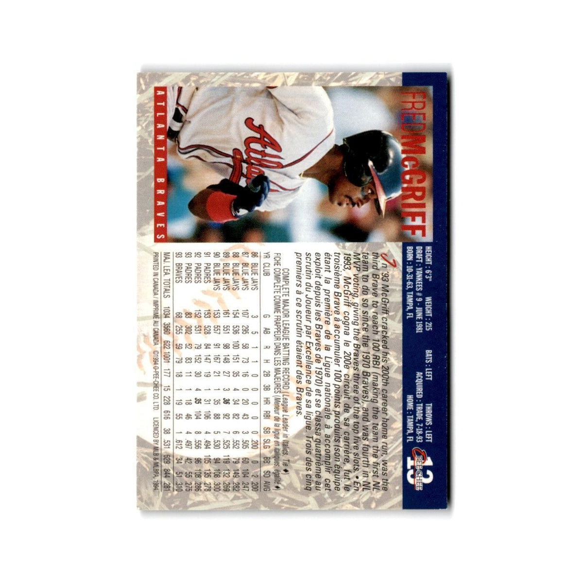 Fred McGriff 1994 O-Pee-Chee #13 Atlanta Braves Baseball Card NM