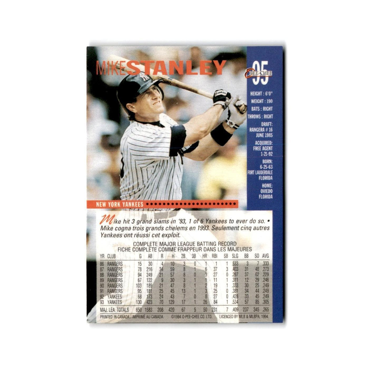 Mike Stanley 1994 O-Pee-Chee #95 New York Yankees Baseball Card NM