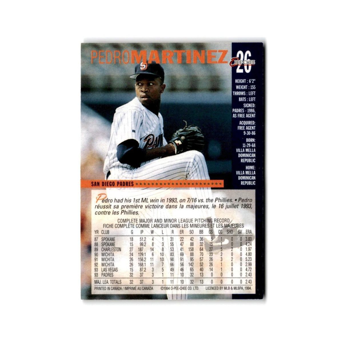 Pedro A. Martinez 1994 O-Pee-Chee #26 San Diego Padres Baseball Card NM