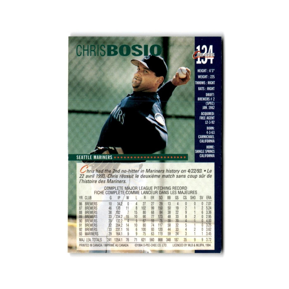 Chris Bosio 1994 O-Pee-Chee #134 Seattle Mariners Baseball Card NM