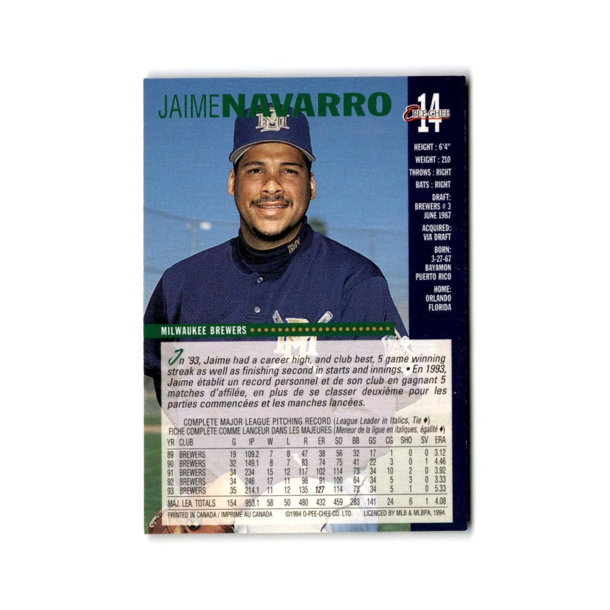 Jamie Navarro 1994 O-Pee-Chee #14 Milwaukee Brewers Baseball Card NM