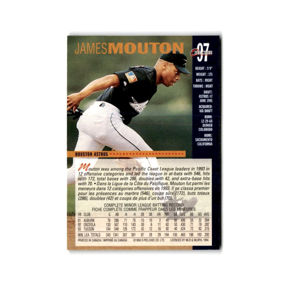 James Mouton 1994 O-Pee-Chee #97 Houston Astros Baseball Card NM