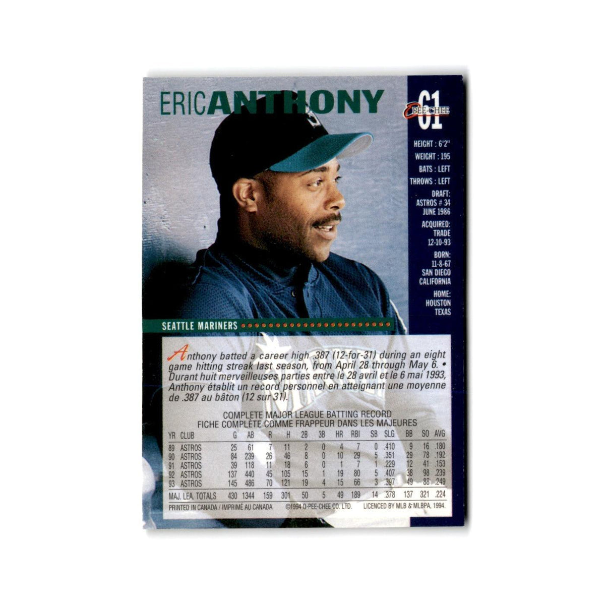 Eric Anthony 1994 O-Pee-Chee #61 Seattle Mariners Baseball Card NM