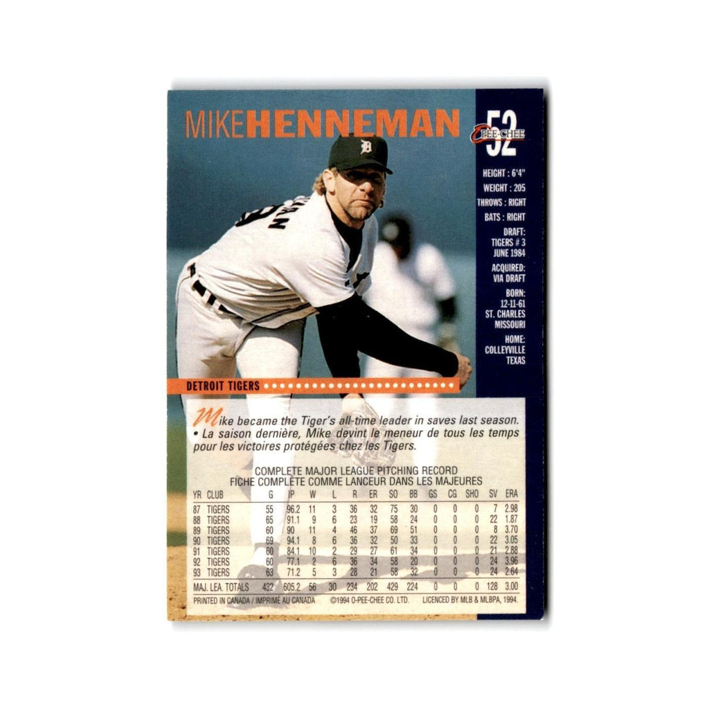 Mike Henneman 1994 O-Pee-Chee #52 Detroit Tigers Baseball Card NM