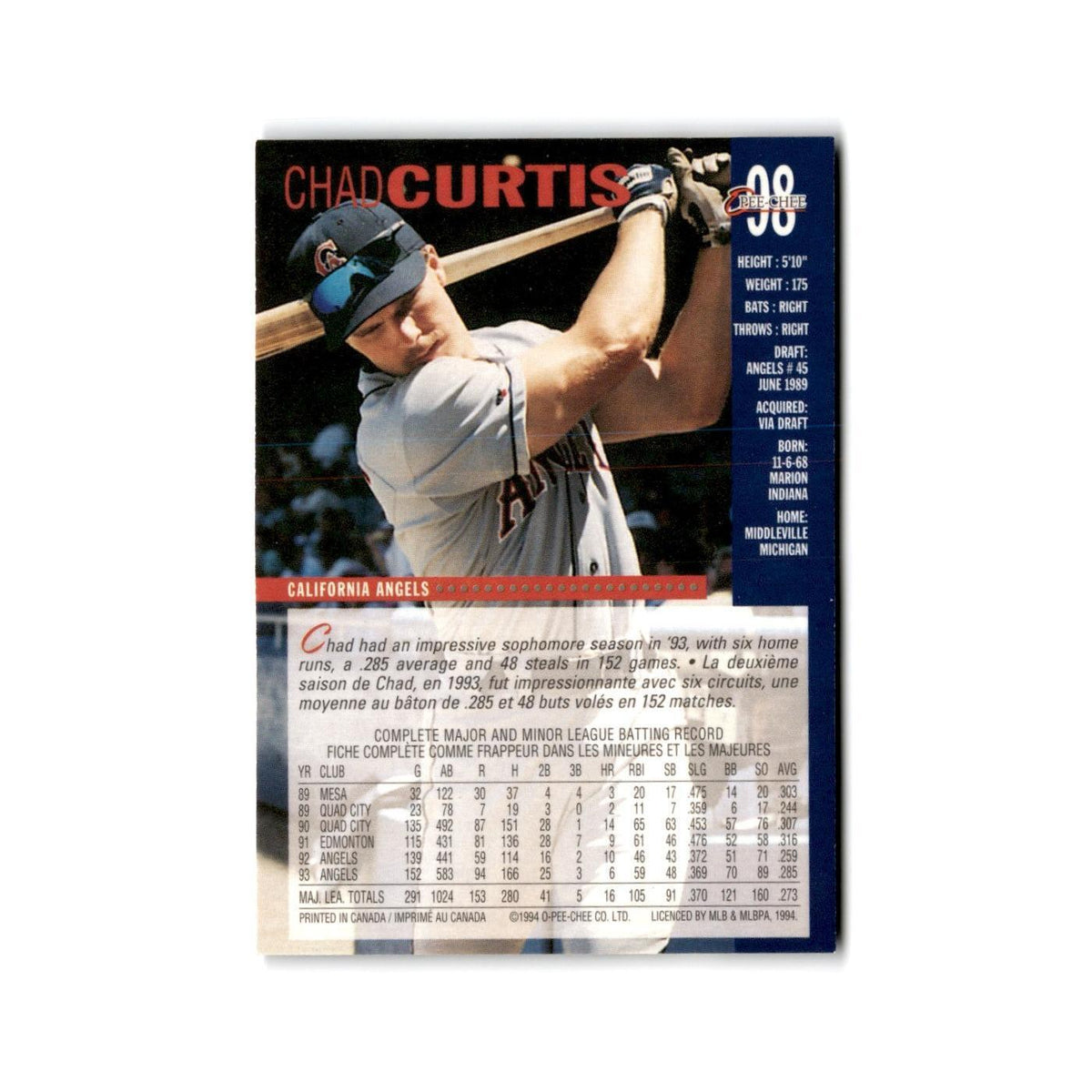 Chad Curtis 1994 O-Pee-Chee #98 California Angels Baseball Card NM