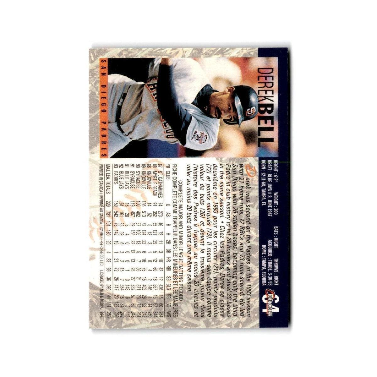 Derek Bell 1994 O-Pee-Chee #64 San Diego Padres Baseball Card NM
