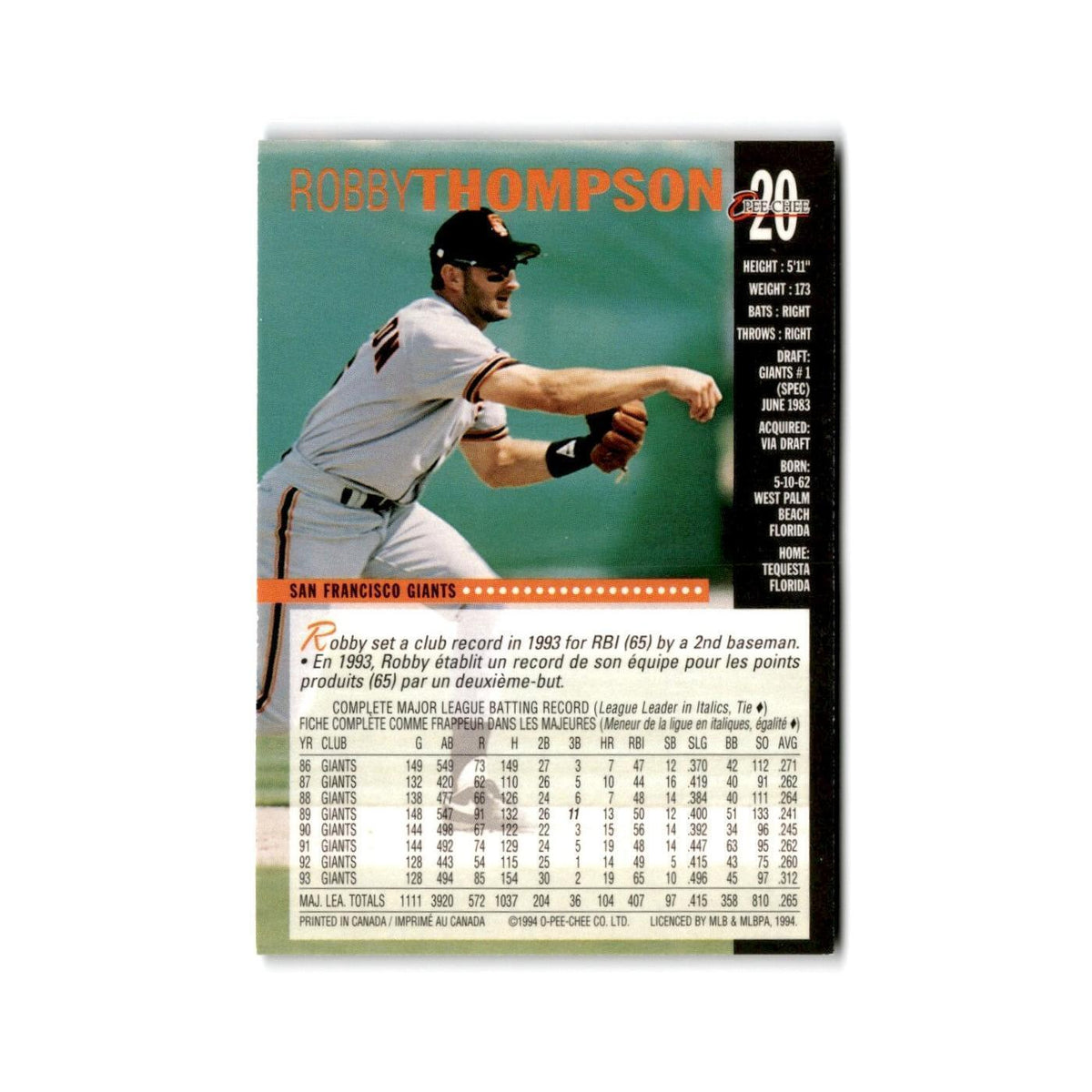Robby Thompson 1994 O-Pee-Chee #20 San Francisco Giants Baseball Card NM