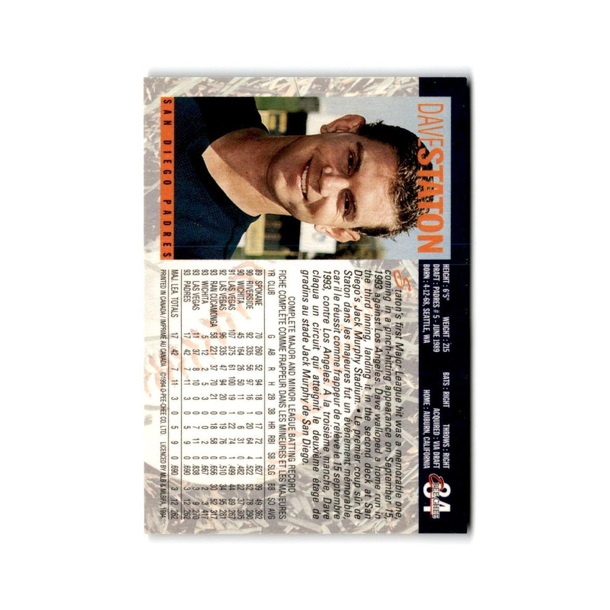 Dave Staton 1994 O-Pee-Chee #84 San Diego Padres Baseball Card NM