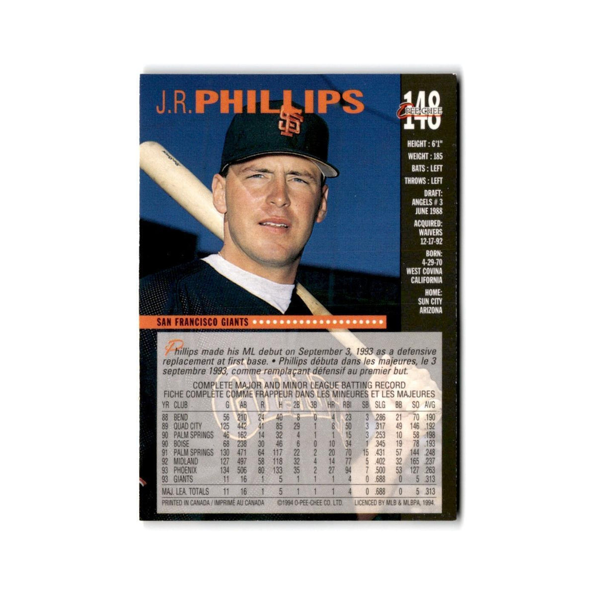 J.R. Phillips Rookie 1994 O-Pee-Chee #148 San Francisco Giants Baseball Card NM