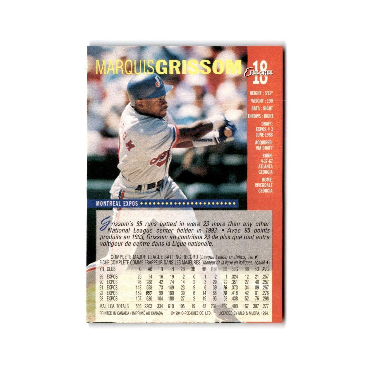 Marquis Grissom 1994 O-Pee-Chee #18 Montreal Expos Baseball Card NM