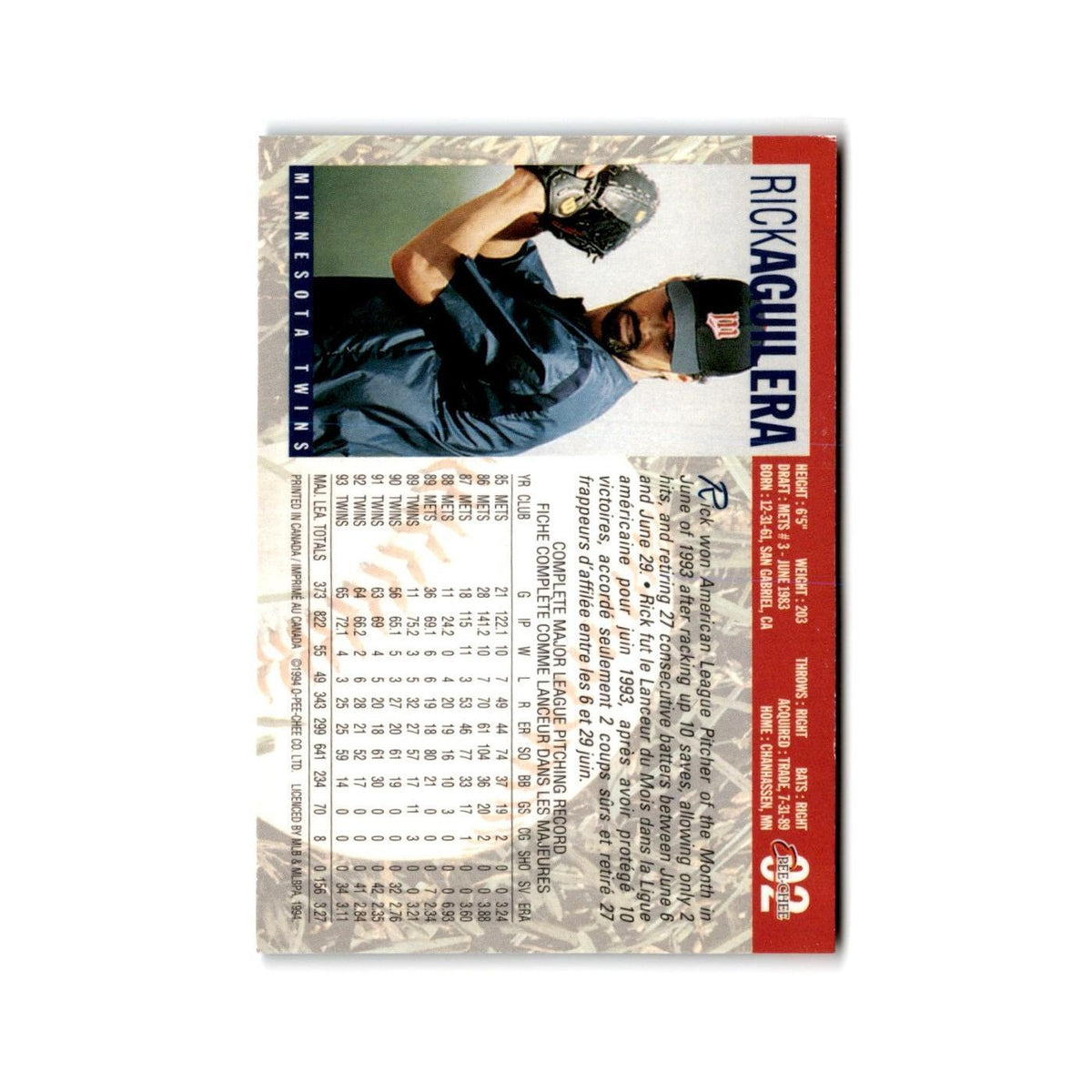 Rick Aguilera 1994 O-Pee-Chee #92 Minnesota Twins Baseball Card NM