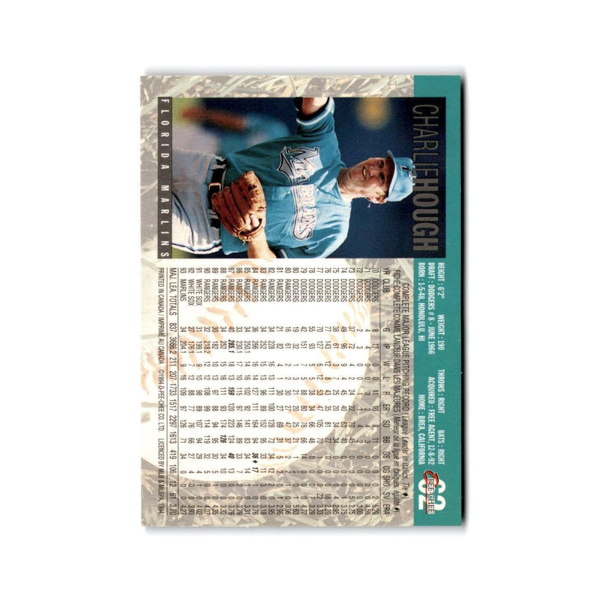 Charlie Hough 1994 O-Pee-Chee #62 Florida Marlins Baseball Card NM