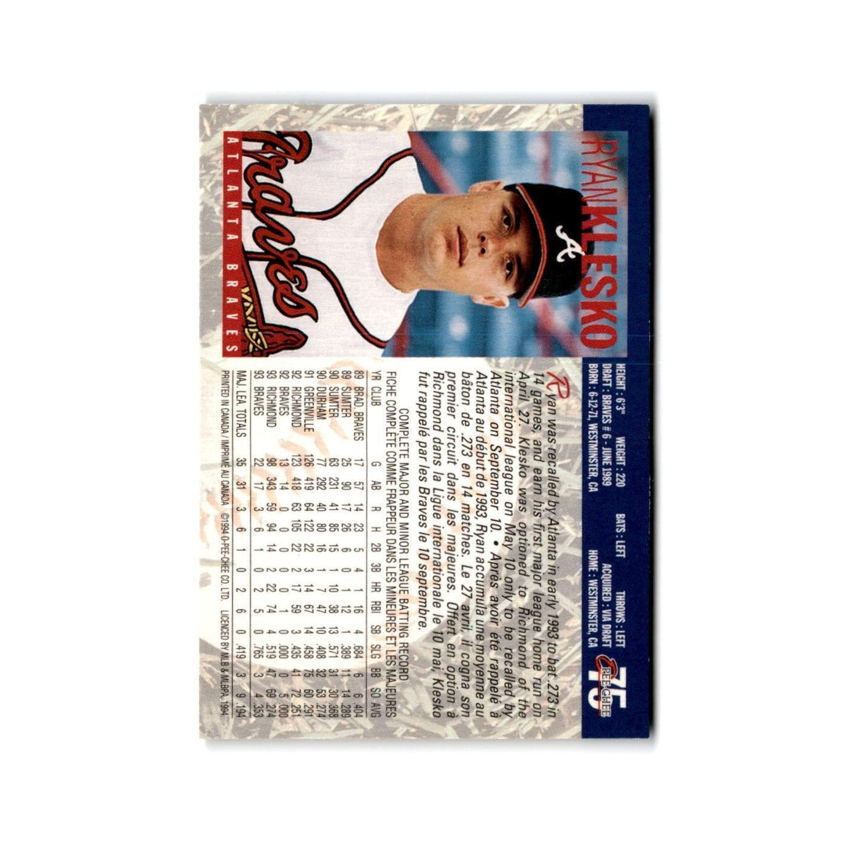 Ryan Klesko Rookie 1994 O-Pee-Chee #75 Atlanta Braves Baseball Card NM