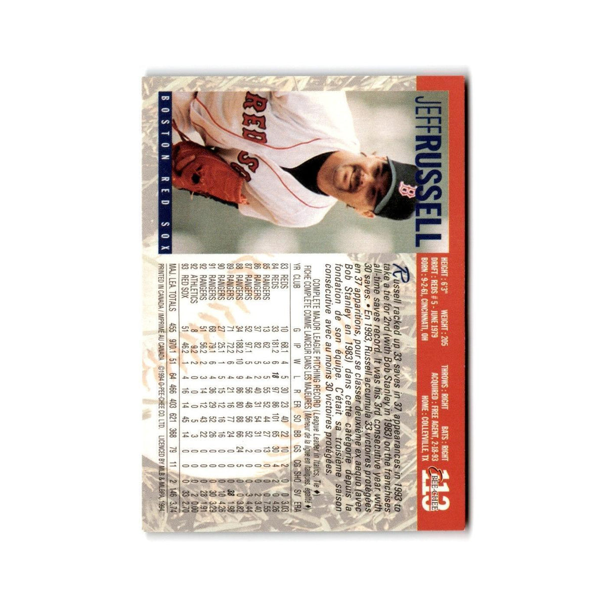 Jeff Russell 1994 O-Pee-Chee #113 Boston Red Sox Baseball Card NM