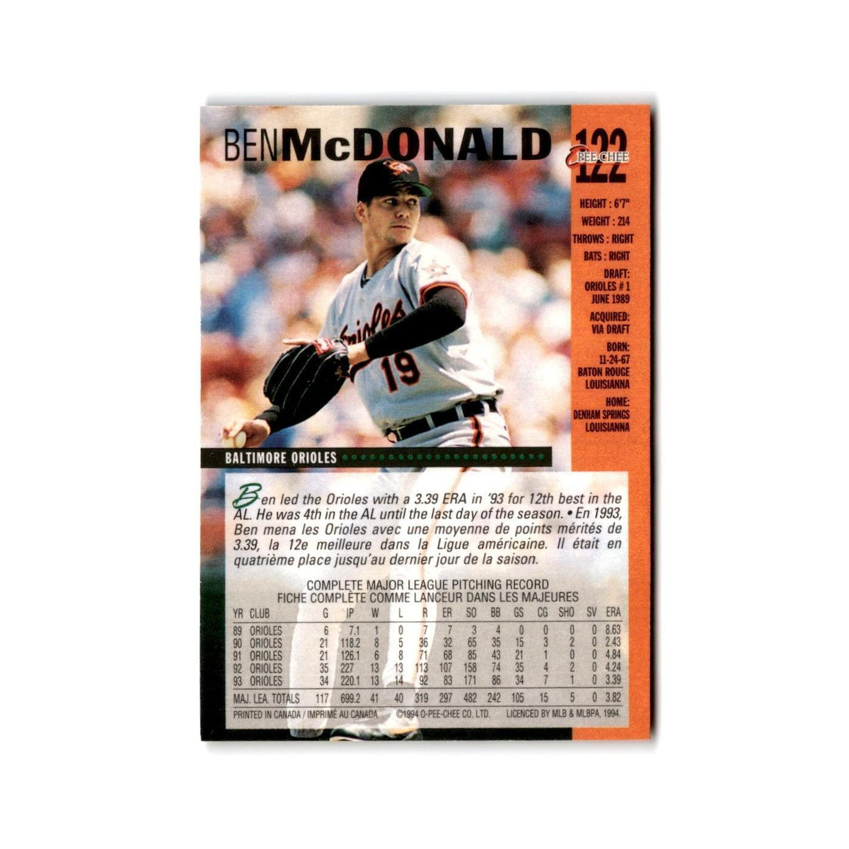 Ben McDonald 1994 O-Pee-Chee #122 Baltimore Orioles Baseball Card NM