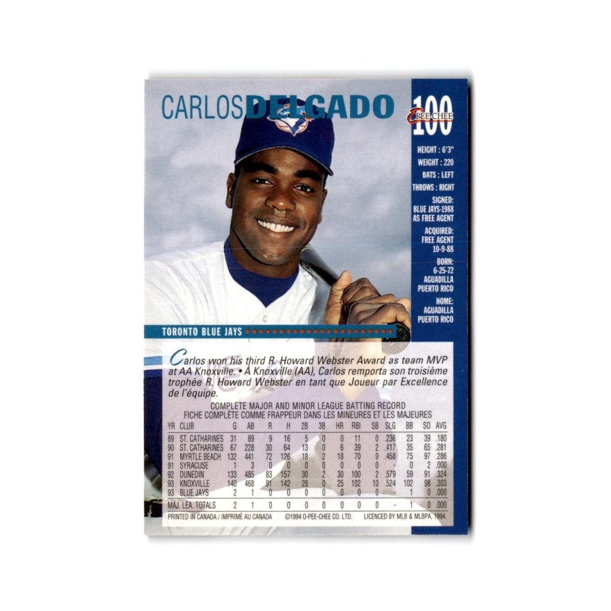 Carlos Delgado 1994 O-Pee-Chee #100 Toronto Blue Jays Baseball Card NM
