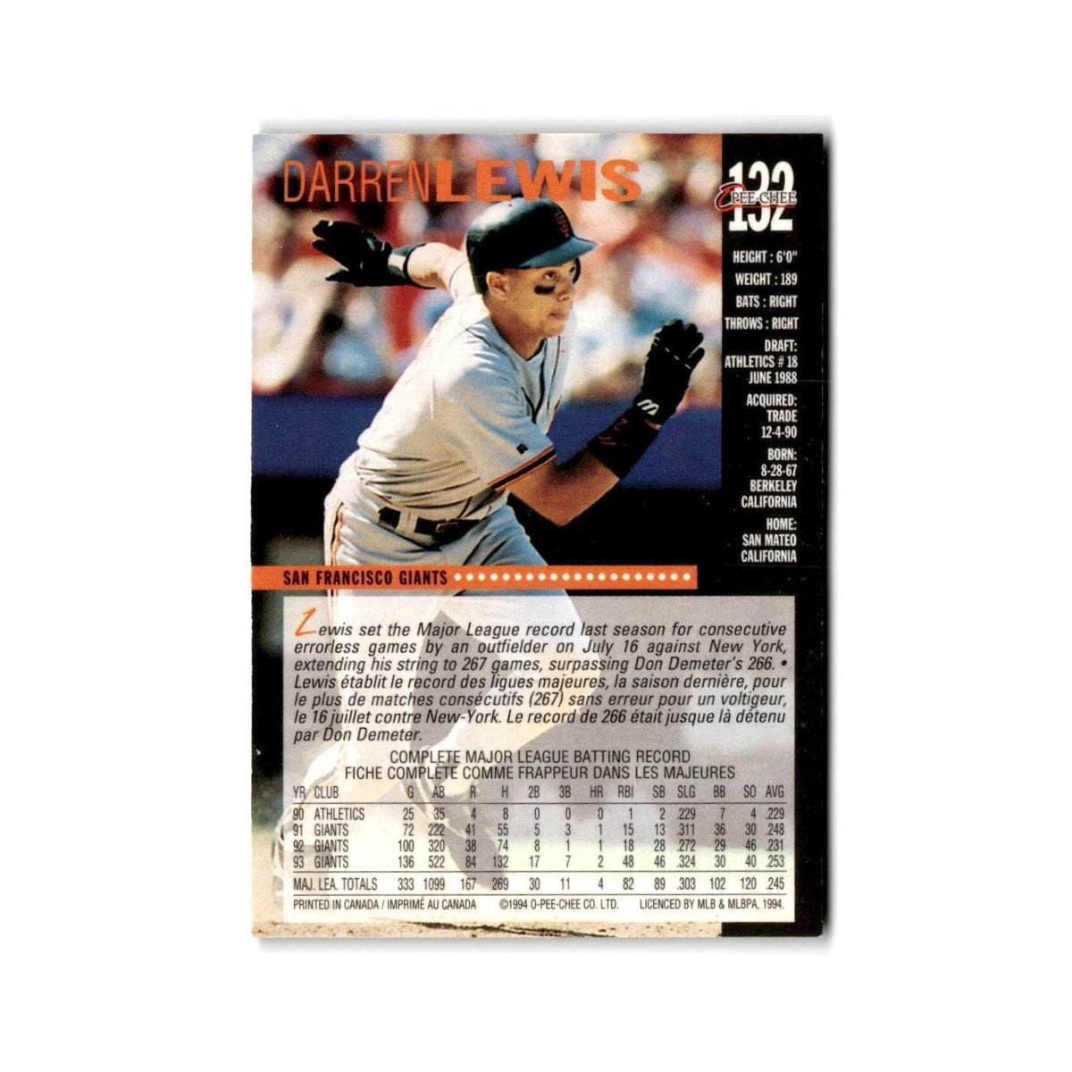 Darren Lewis 1994 O-Pee-Chee #132 San Francisco Giants Baseball Card NM