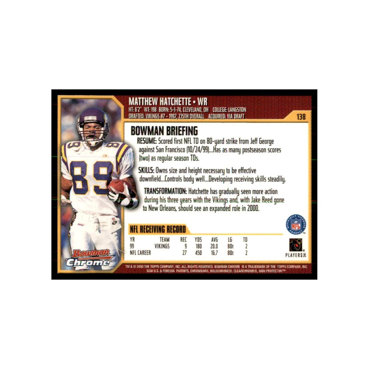 2000 Bowman Chrome Matthew Hatchette Football Cards #138
