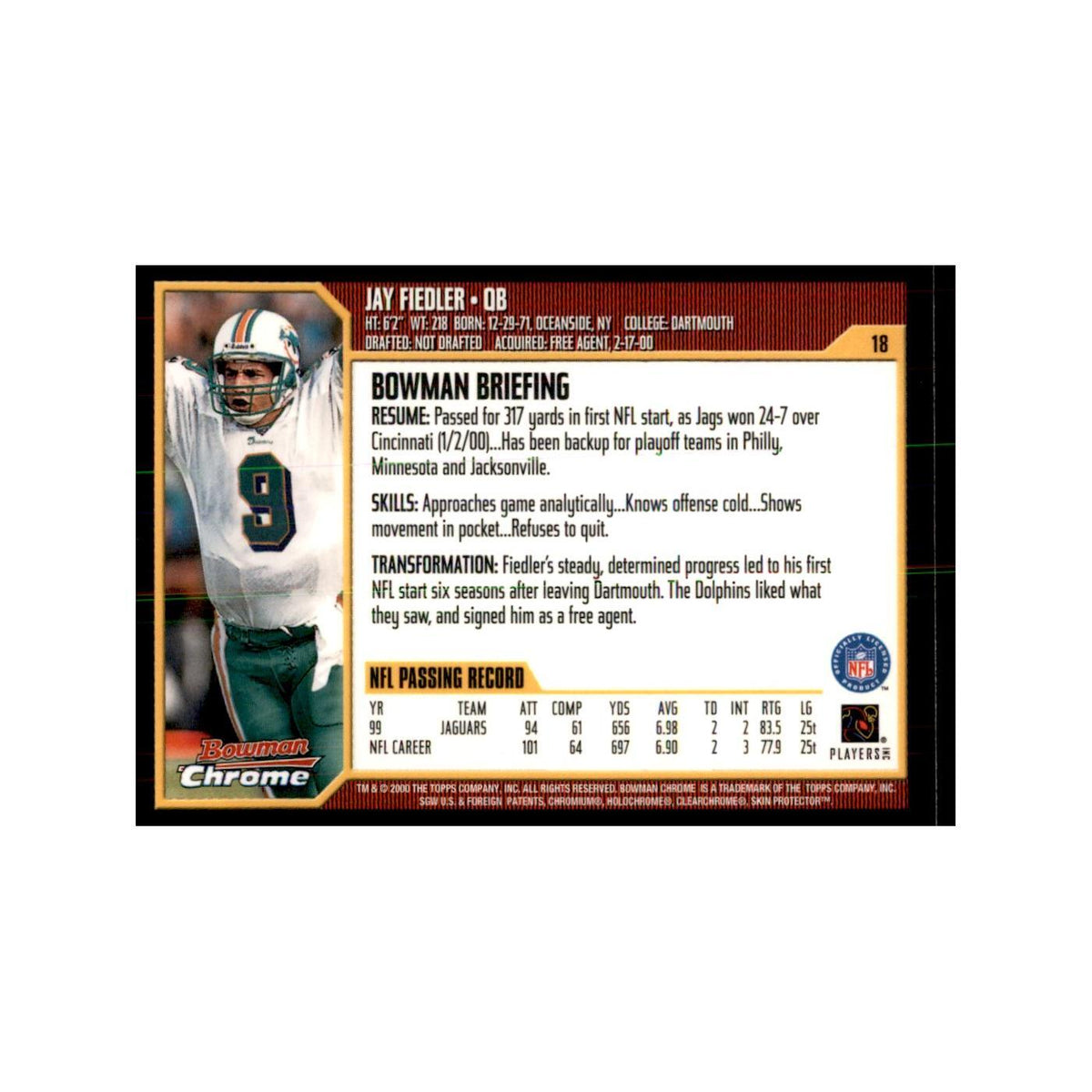 2000 Bowman Chrome Jay Fiedler Football Cards #18