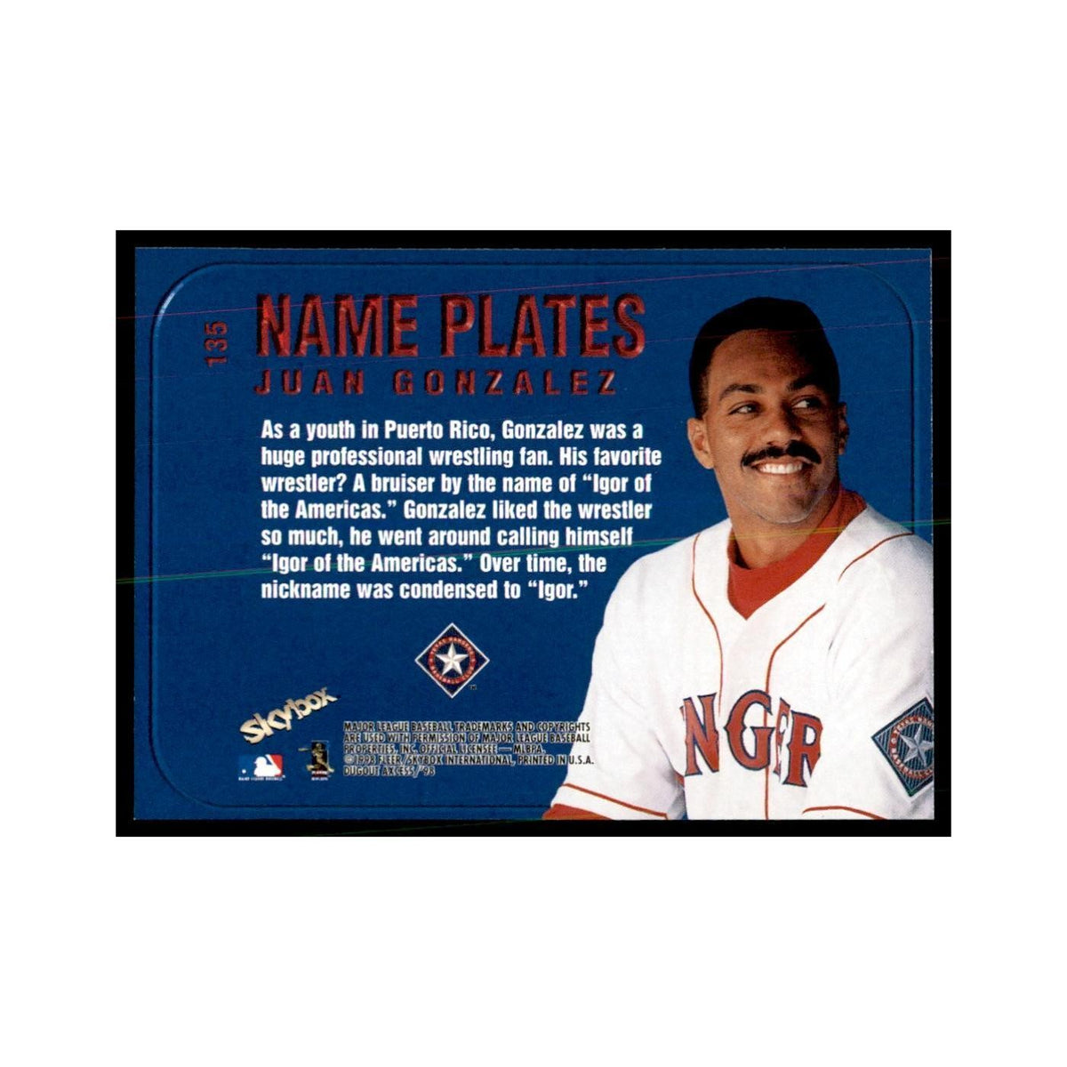 1998 SkyBox Dugout Axcess Juan Gonzalez Baseball Cards #135