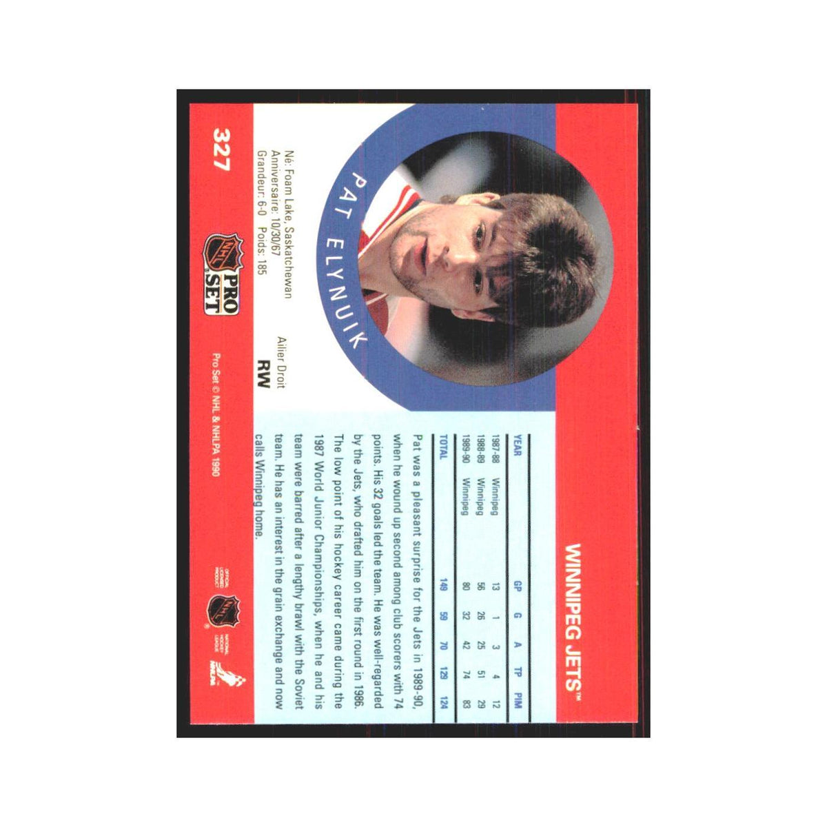 1990 Pro Set Pat Elynuik Winnipeg Jets #327